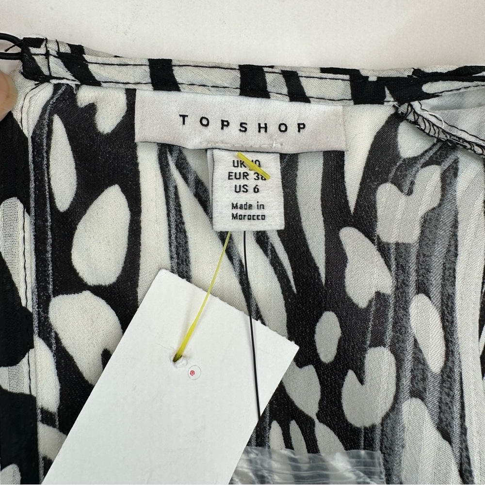 Topshop Animal Print Tie Knot Front Faux Wrap Long Flare Sleeves Mini Size US6 - Picture 7 of 7